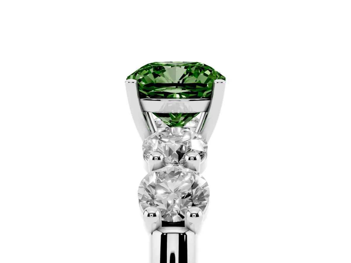Fancy Green Cushion Cut Cut Five-Stone Prong Set Diamond Ring with Classic Band Silver