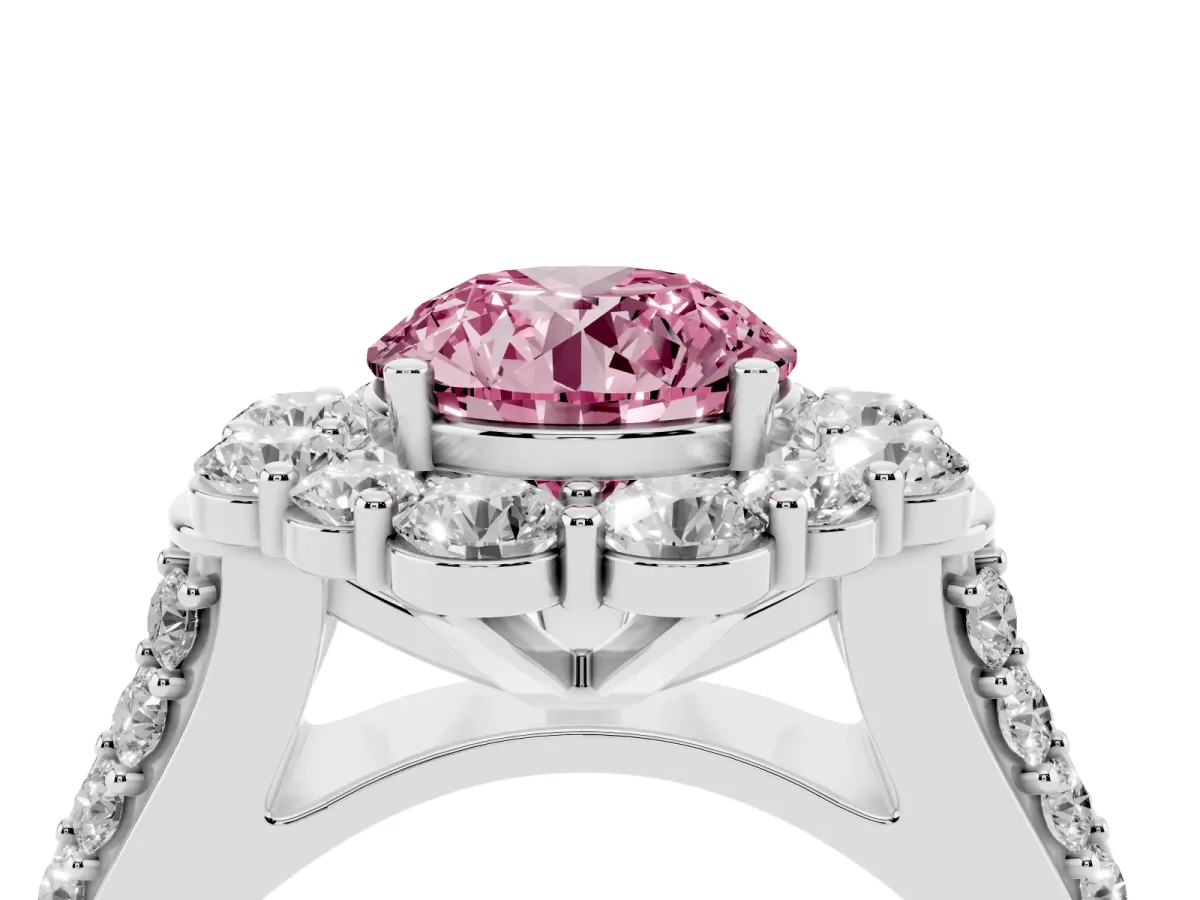Fancy Pink Round Cut Halo Diamond Engagement Ring with Split Shank and Prong Setting Silver