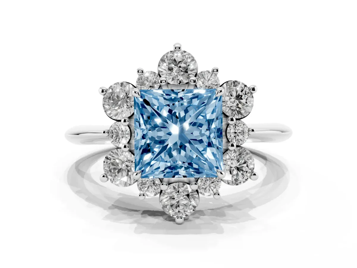 Fancy Blue Princess Cut Diamond Cluster Halo Ring with Solitaire Band and Four-Prong Setting White gold