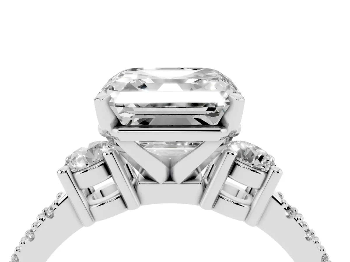 Asscher Cut Three-Stone Diamond Pavé Band with Prong Setting Platinum