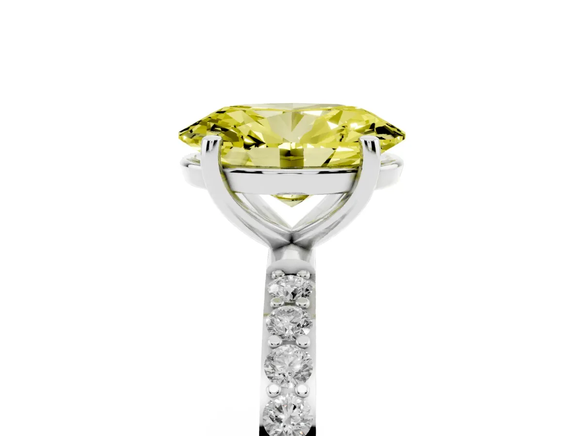 Fancy Yellow Oval Cut Diamond Solitaire Ring with Round Pavé Shoulders and Prong Setting Silver