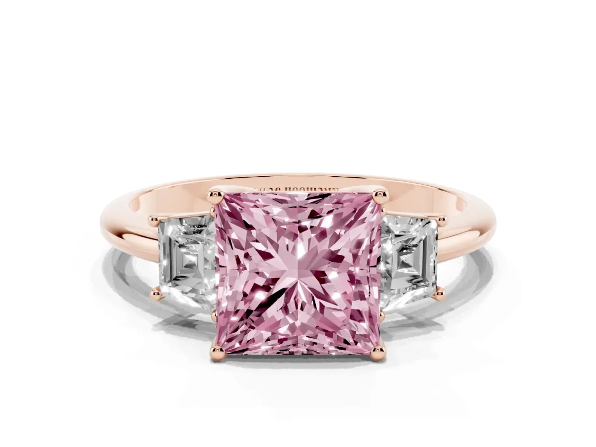 Fancy Pink Princess Cut Diamond Three-Stone Ring with Trapezoid Side Stones and Prong Setting Rose gold