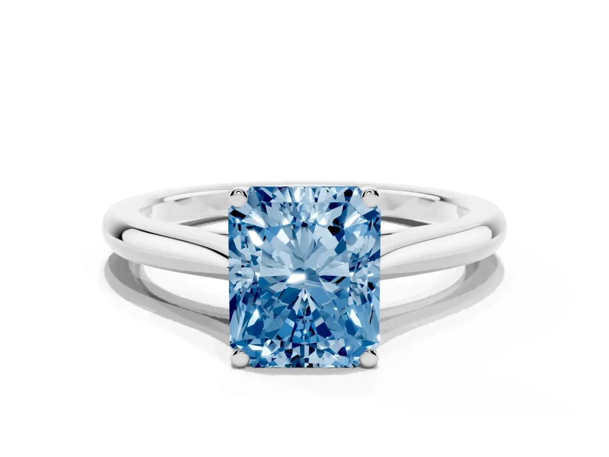Fancy Blue Radiant Cut Cut Solitaire Ring with Cathedral Band and Four-Prong Setting Platinum