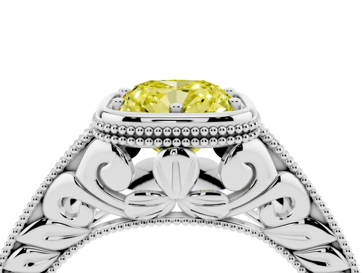 Fancy Yellow Bezel Set Cushion Cut Diamond Milgrain Pave Engagement Ring Silver