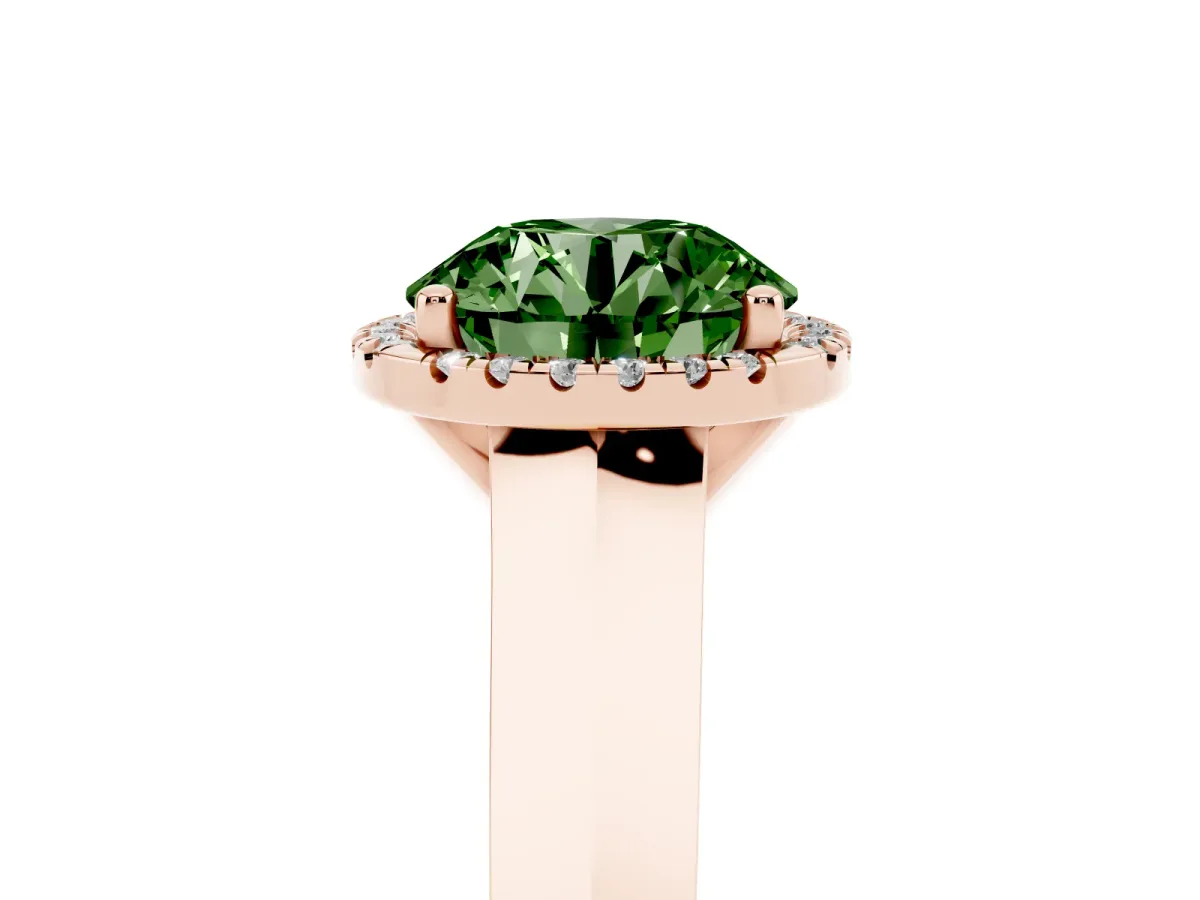 Fancy Green Round Cut Halo Diamond Ring with Cathedral Band and Four-Prong Setting Rose gold
