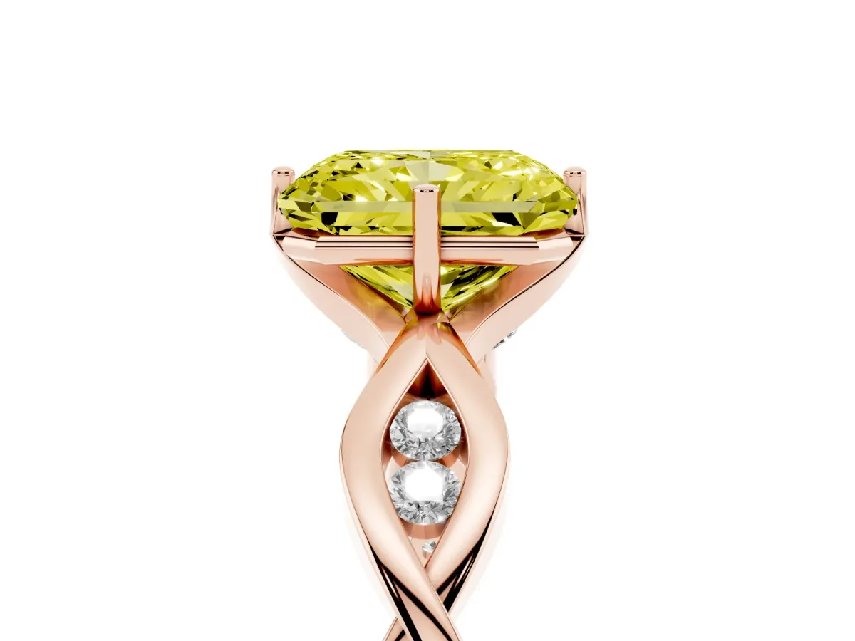 Fancy Yellow Radiant Cut Solitaire Twist Band with Leaf Prong Setting Rose gold