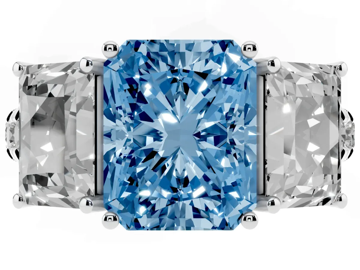 Fancy Blue Three-Stone Radiant Cut Diamond Pavé Band with Prong Setting Silver