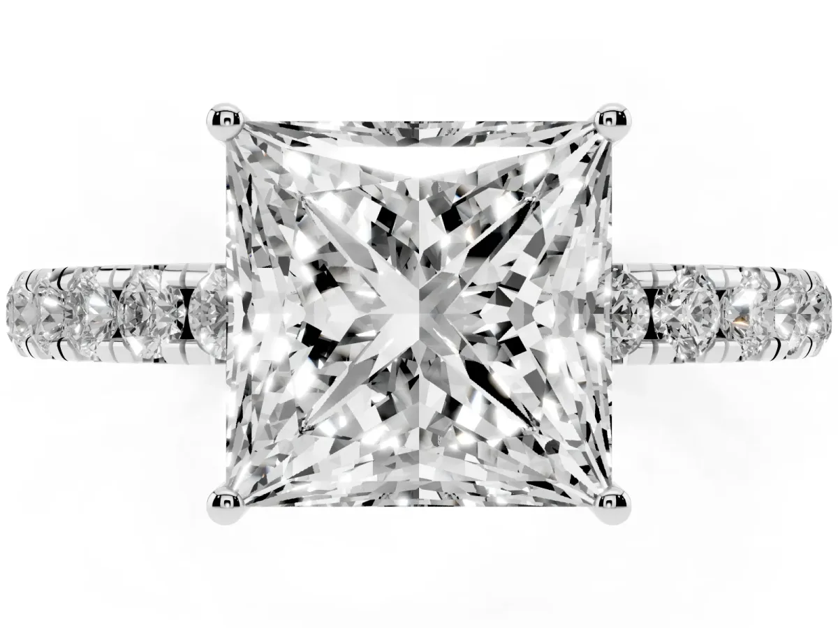 Princess Cut Diamond Pavé Solitaire Engagement Ring with Four-Prong Setting Platinum