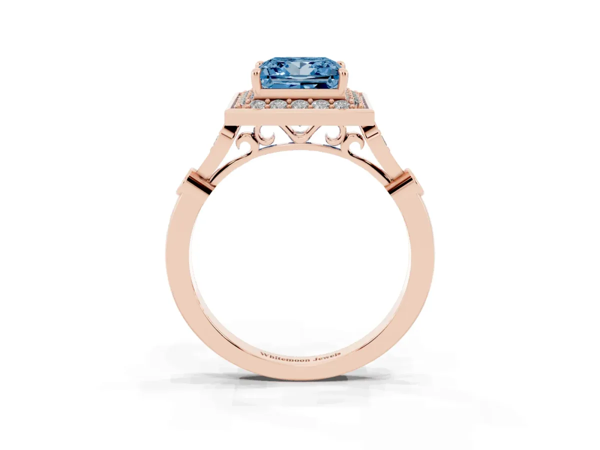 Fancy Blue Princess Cut Halo Diamond Engagement Ring with Twisted Band and Four-Prong Setting Rose gold