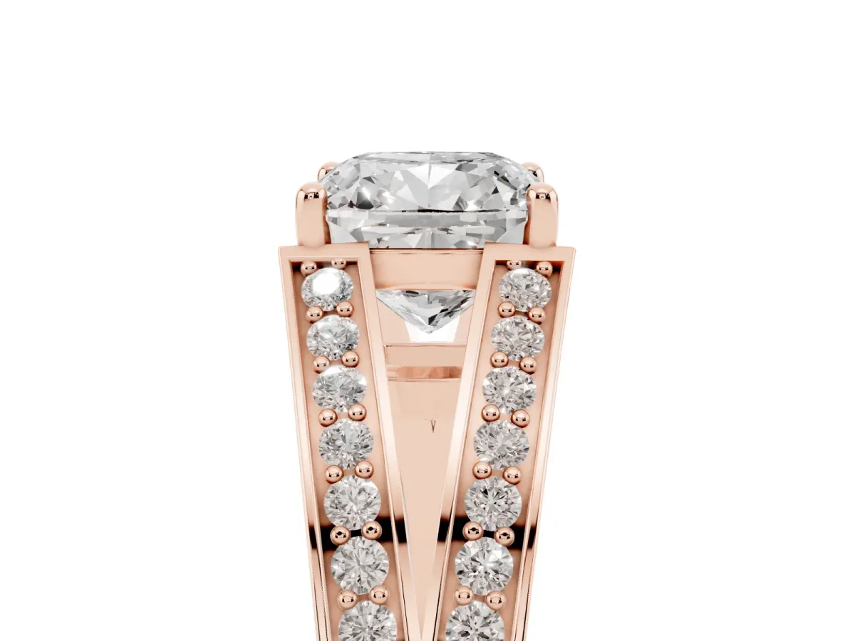 Cushion Cut Diamond Split Shank Ring with Pavé Band and Four-Prong Setting Rose gold
