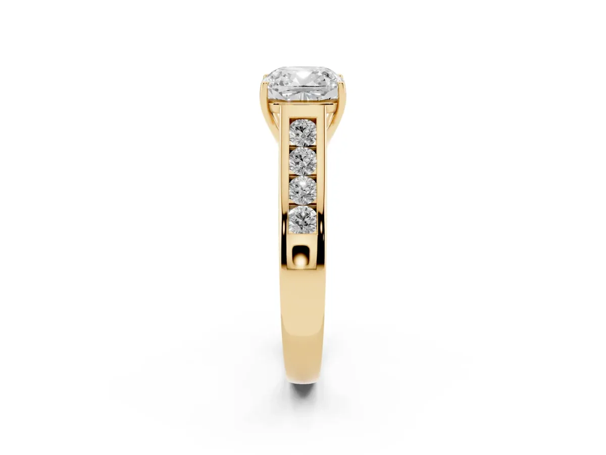 Cushion Cut Solitaire Channel-Set Diamond Engagement Ring with Four-Prong Setting Yellow gold