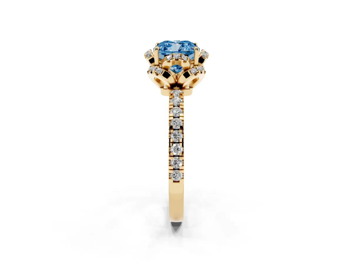 Fancy Blue Cushion Cut Diamond Halo Pave Band with Four-Prong Setting Yellow gold