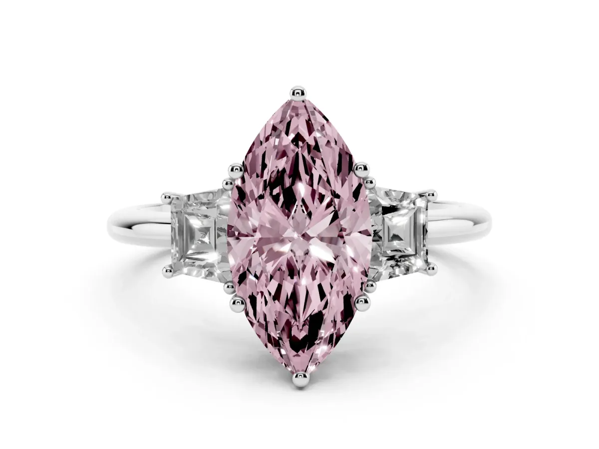 Fancy Pink Marquise Cut Diamond Three-Stone Ring with Trapezoid Side Stones and Prong Setting Silver