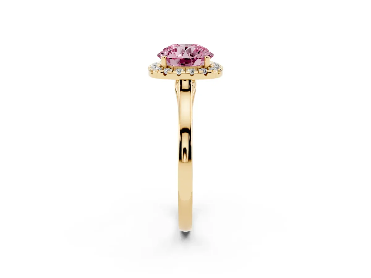 Fancy Pink Round Cut Halo Round Diamond Solitaire Ring with Pavé Band and Four-Prong Setting Yellow gold