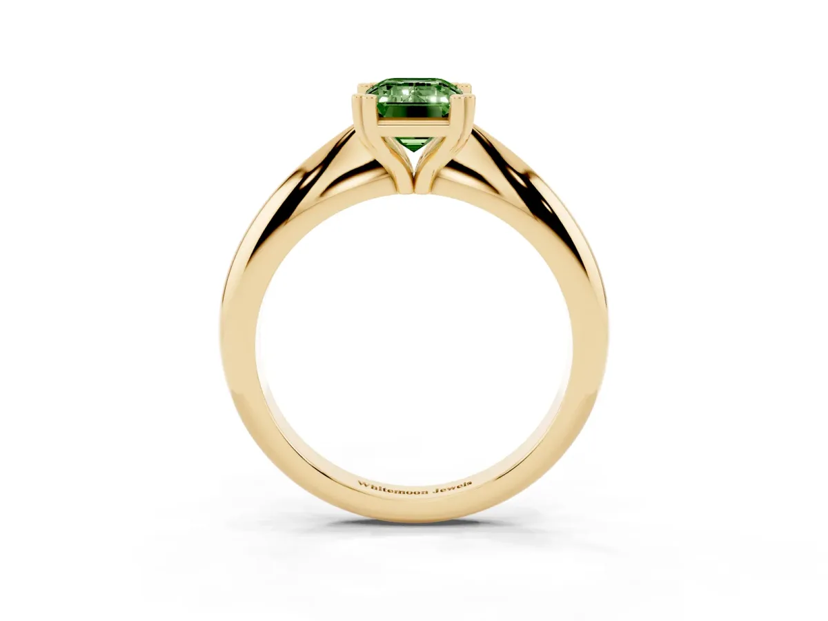 Fancy Green Emerald Cut Cut Solitaire Engagement Ring with Tapered Band and Four-Prong Setting Yellow gold