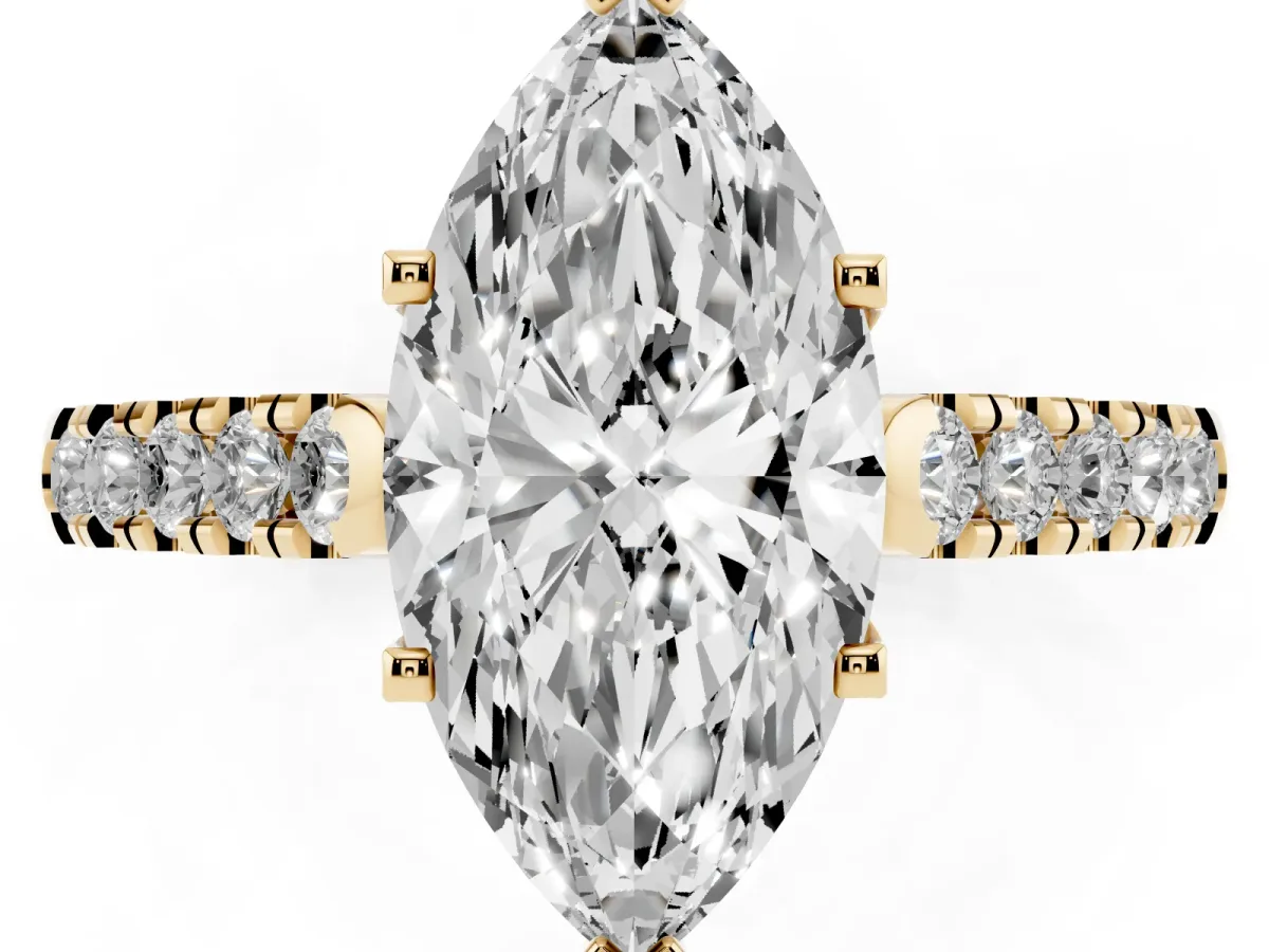 Marquise Cut Diamond Pavé Band Solitaire Ring with Prong Setting Yellow gold