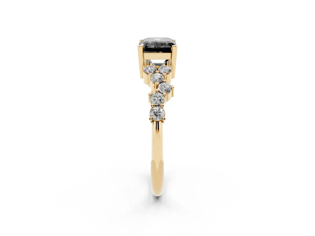Fancy Black Emerald Cut Diamond Scattered Round Accent Ring with Prong Setting Yellow gold