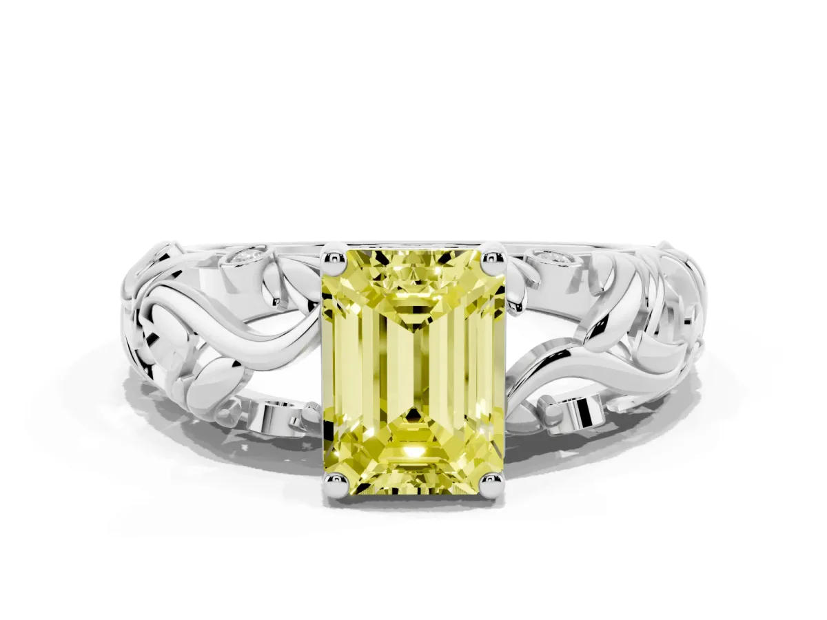Fancy Yellow Emerald Cut Solitaire Diamond Leaf-Inspired Vine Band Ring with Prong Setting White gold