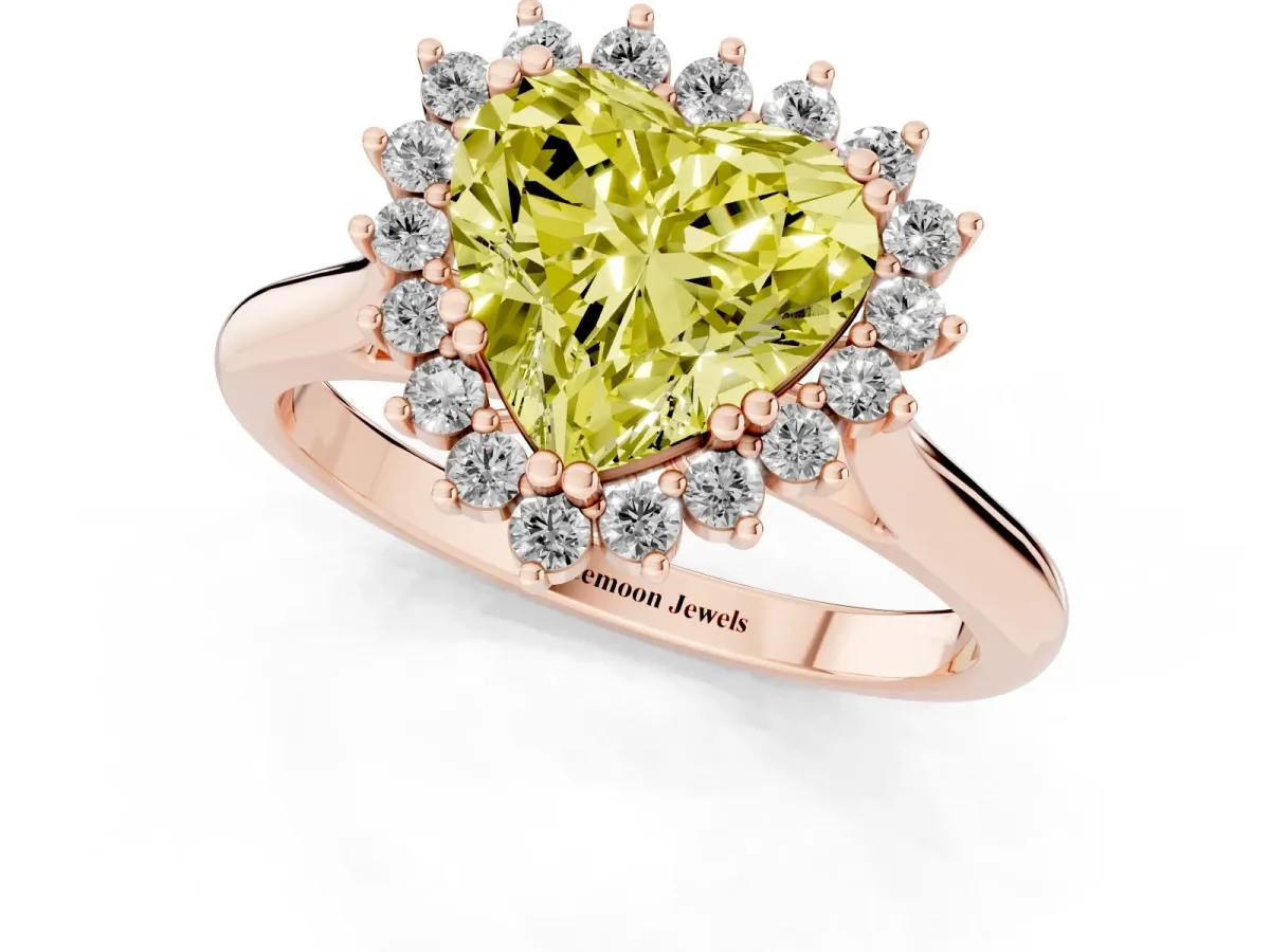 Fancy Yellow Heart Cut Cut Diamond Halo Ring with Solitaire Band and Prong Setting Rose gold