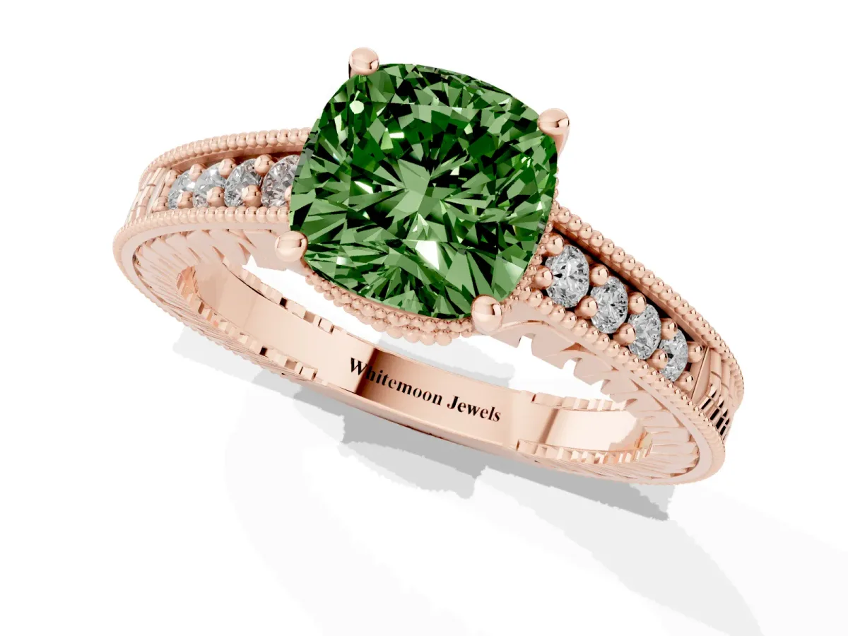 Fancy Green Cushion Cut Solitaire Pavé Diamond Milgrain Engagement Ring with Four-Prong Setting Rose gold