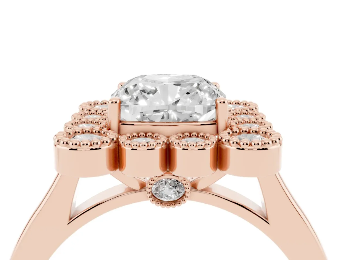 Cushion Cut Halo Diamond Cluster Engagement Ring with Milgrain Bezel Setting and Solitaire Band Rose gold