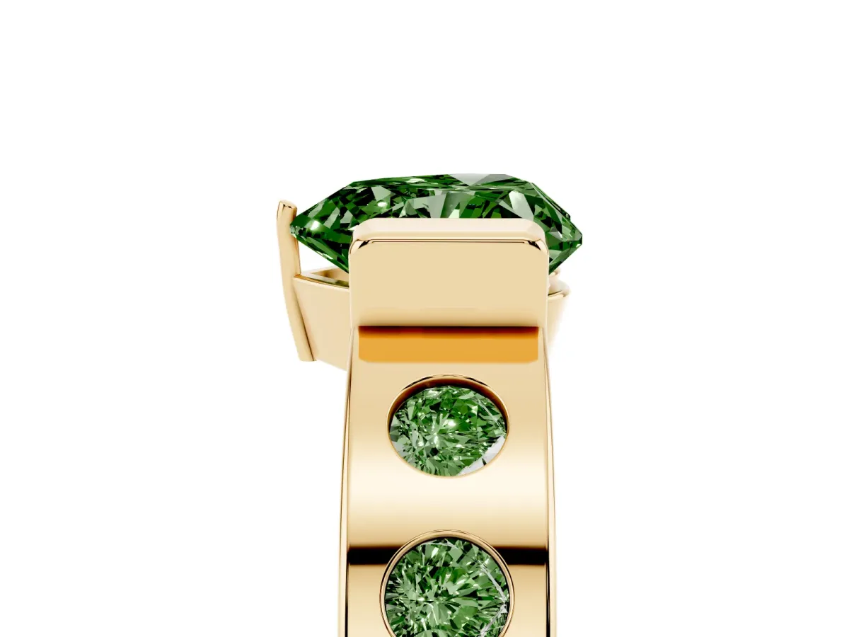 Fancy Green Heart Cut Brilliant Channel-Set Diamond Ring with Bezel Prong Setting Yellow gold