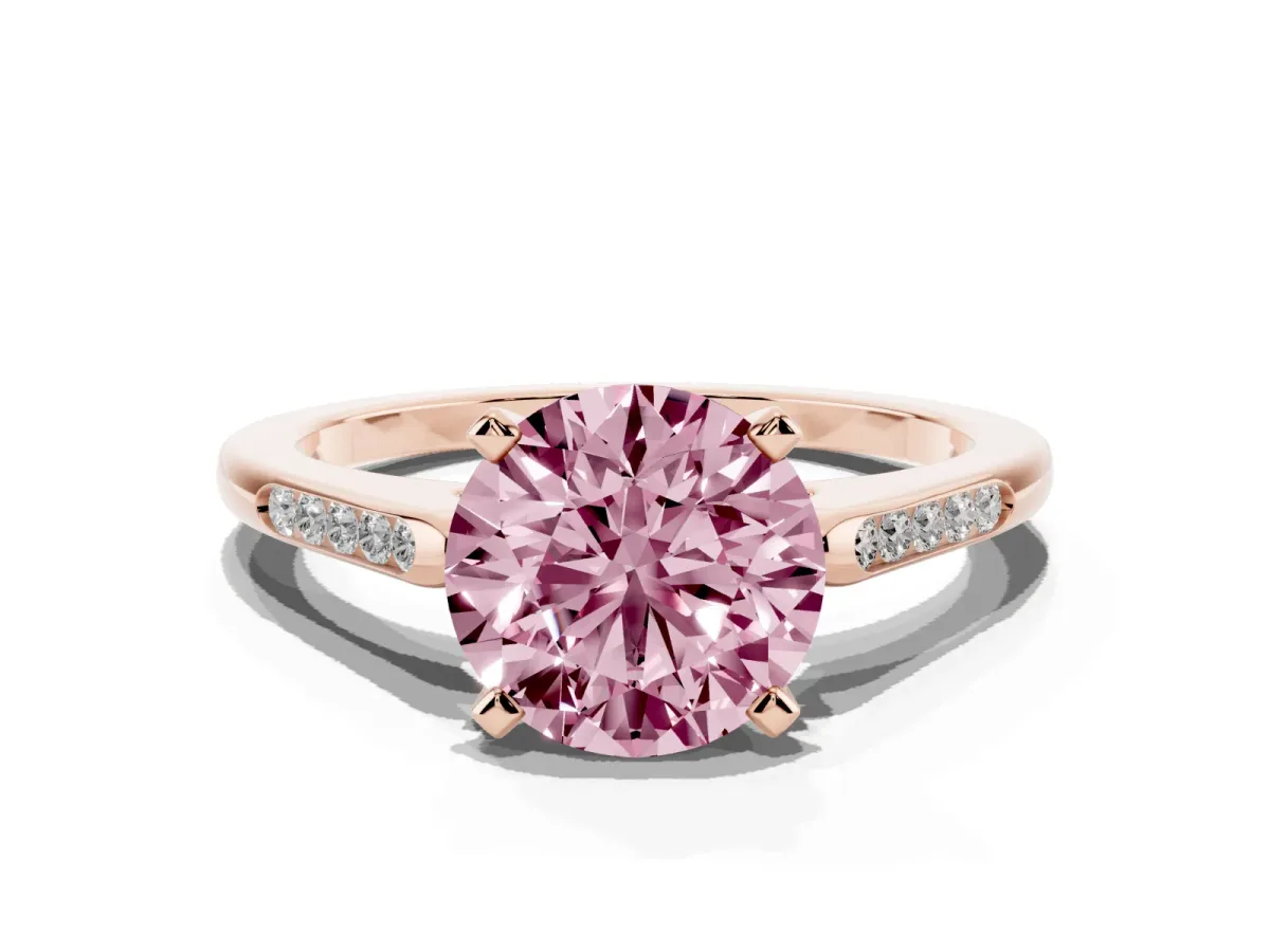 Fancy Pink Round Cut Diamond Solitaire Ring with Channel Set Round Band and Prong Setting Rose gold
