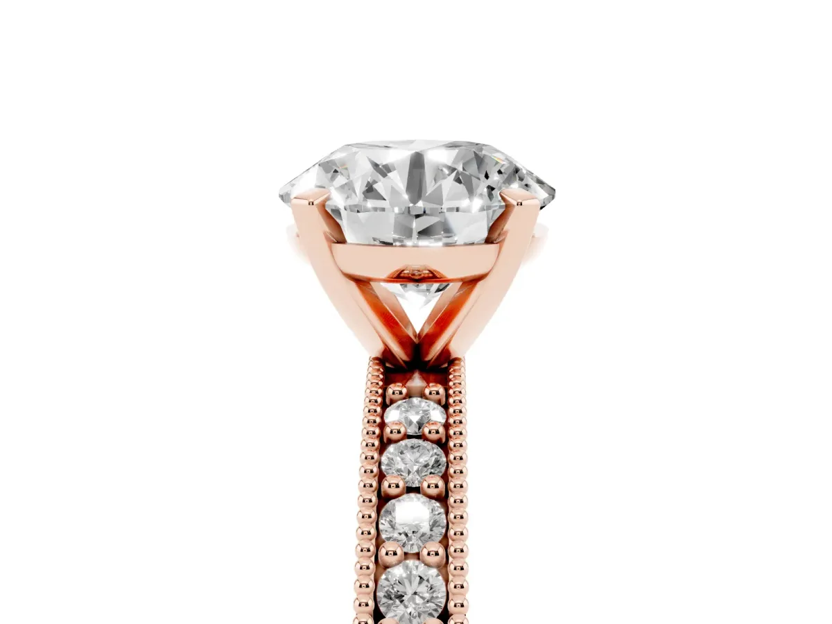 Round Cut Diamond Milgrain Pavé Engagement Ring with Four-Prong Setting Rose gold
