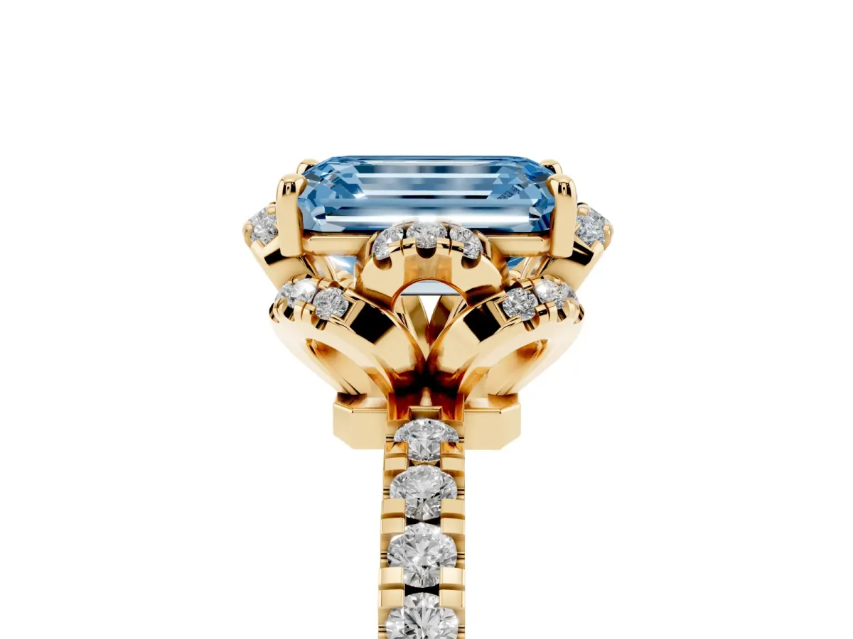Fancy Blue Emerald Cut Diamond Halo Pave Band with Four-Prong Setting Yellow gold