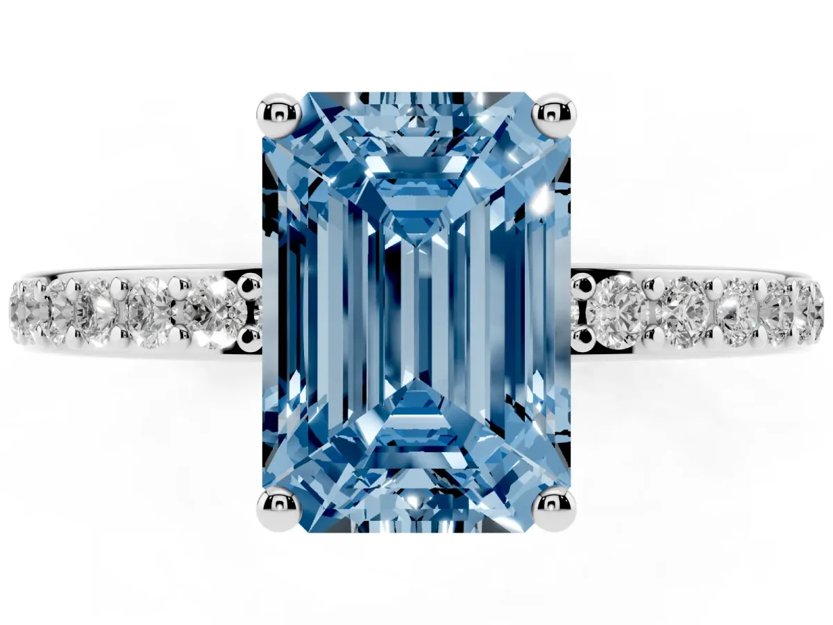 Fancy Blue Emerald Cut Cut Diamond Pavé Band Ring with Four-Prong Setting Platinum