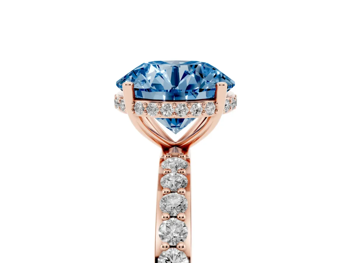 Fancy Blue Round Cut Diamond Solitaire Ring with Pavé Band and Hidden Halo Rose gold