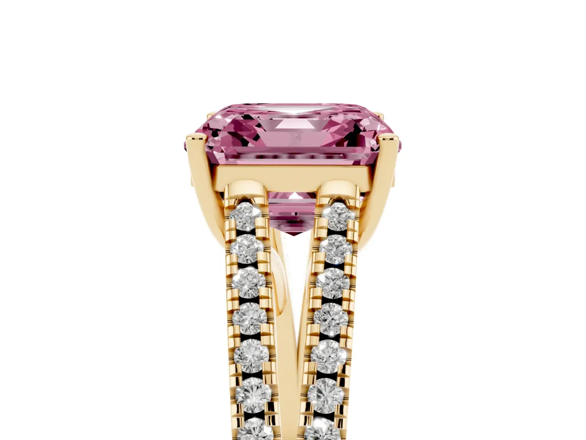 Fancy Pink Asscher Cut Diamond Solitaire Engagement Ring with Split Shank Pavé Band Yellow gold