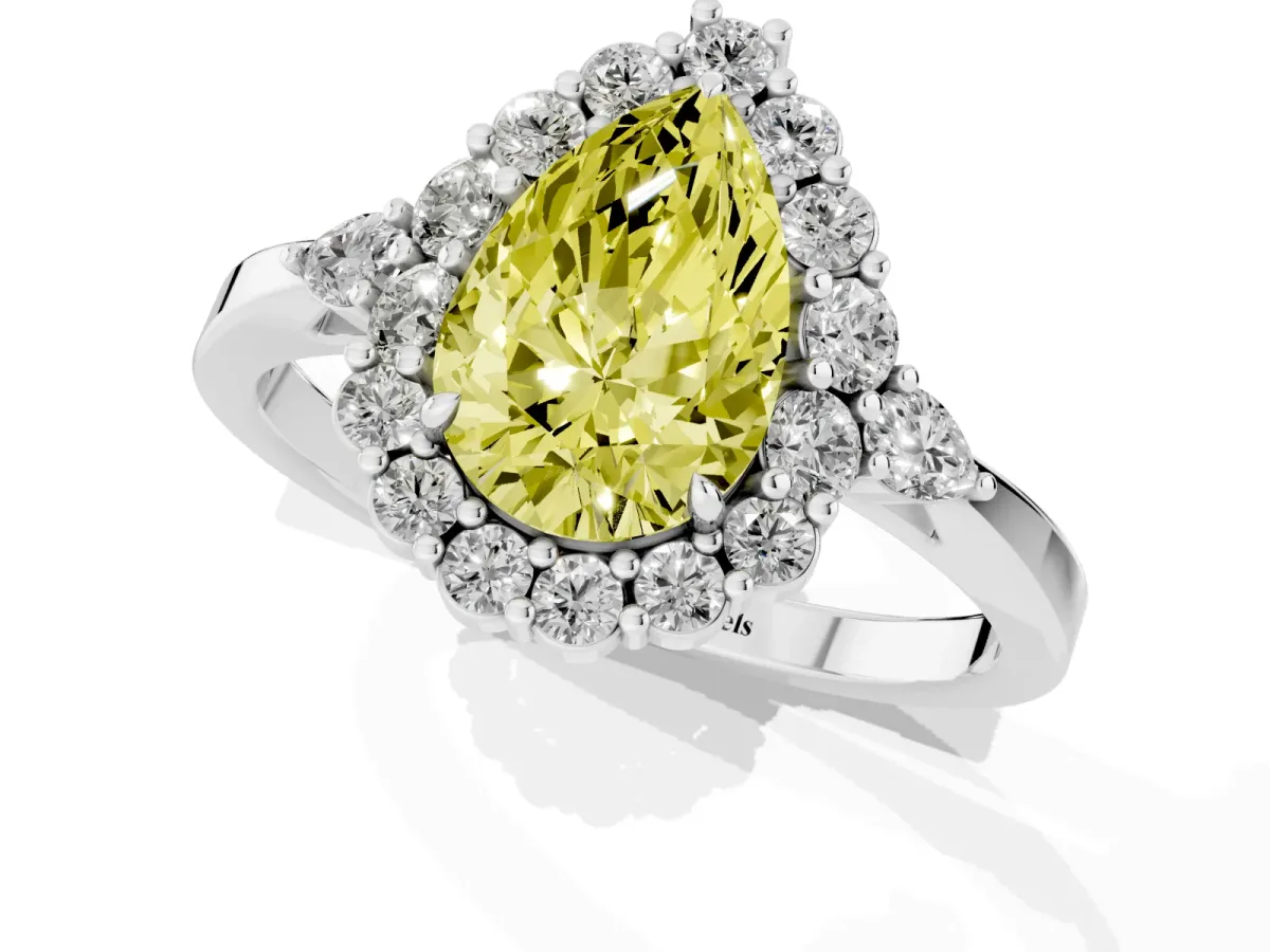Fancy Yellow Pear Cut Diamond Halo Ring with Pear Side Stones and Prong Setting Silver