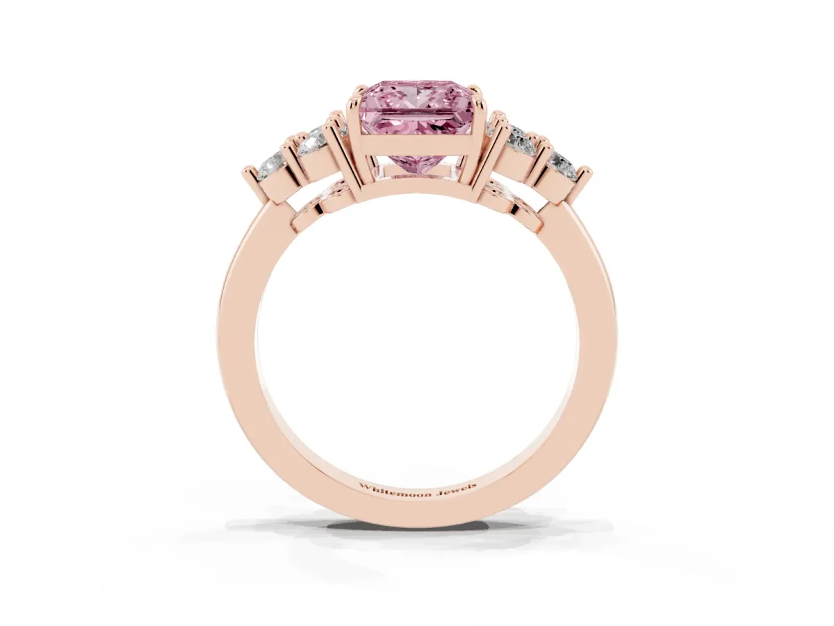 Fancy Pink Princess Cut Brilliant Diamond Cluster Accent Solitaire Ring with Prong Setting Rose gold