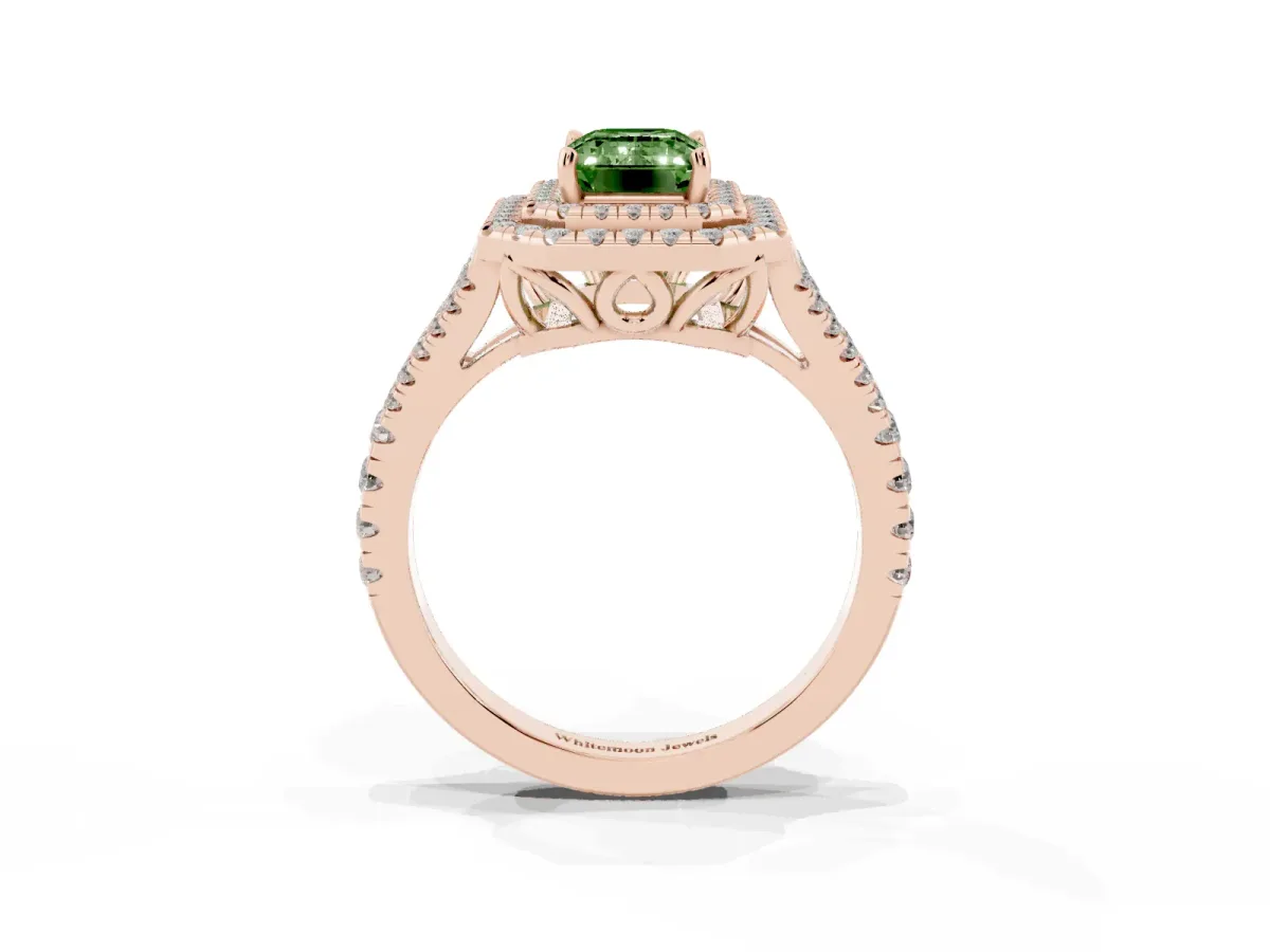 Fancy Green Emerald Cut Diamond Double Halo Ring with Pavé Band and Prong Setting Rose gold