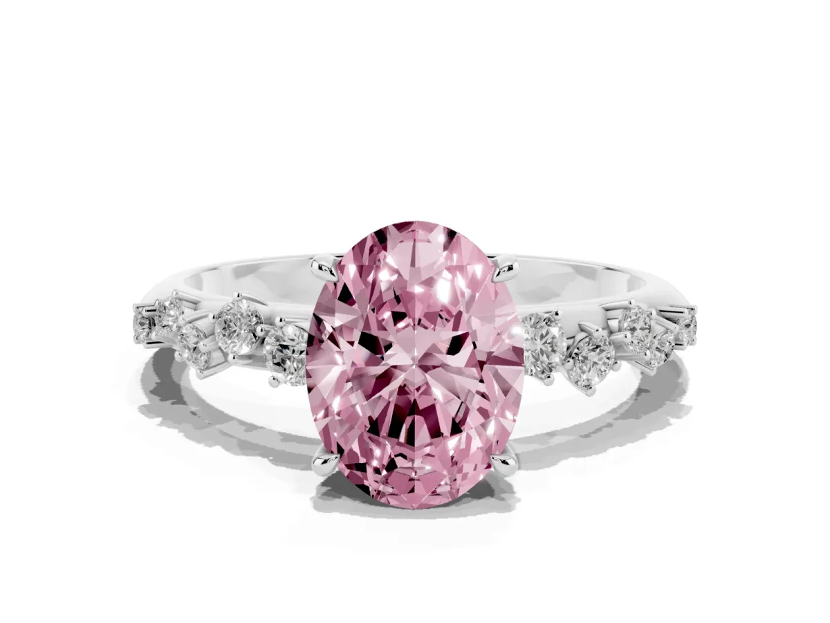 Fancy Pink Oval Cut Diamond Cluster Side Stone Solitaire Ring with Prong Setting Silver