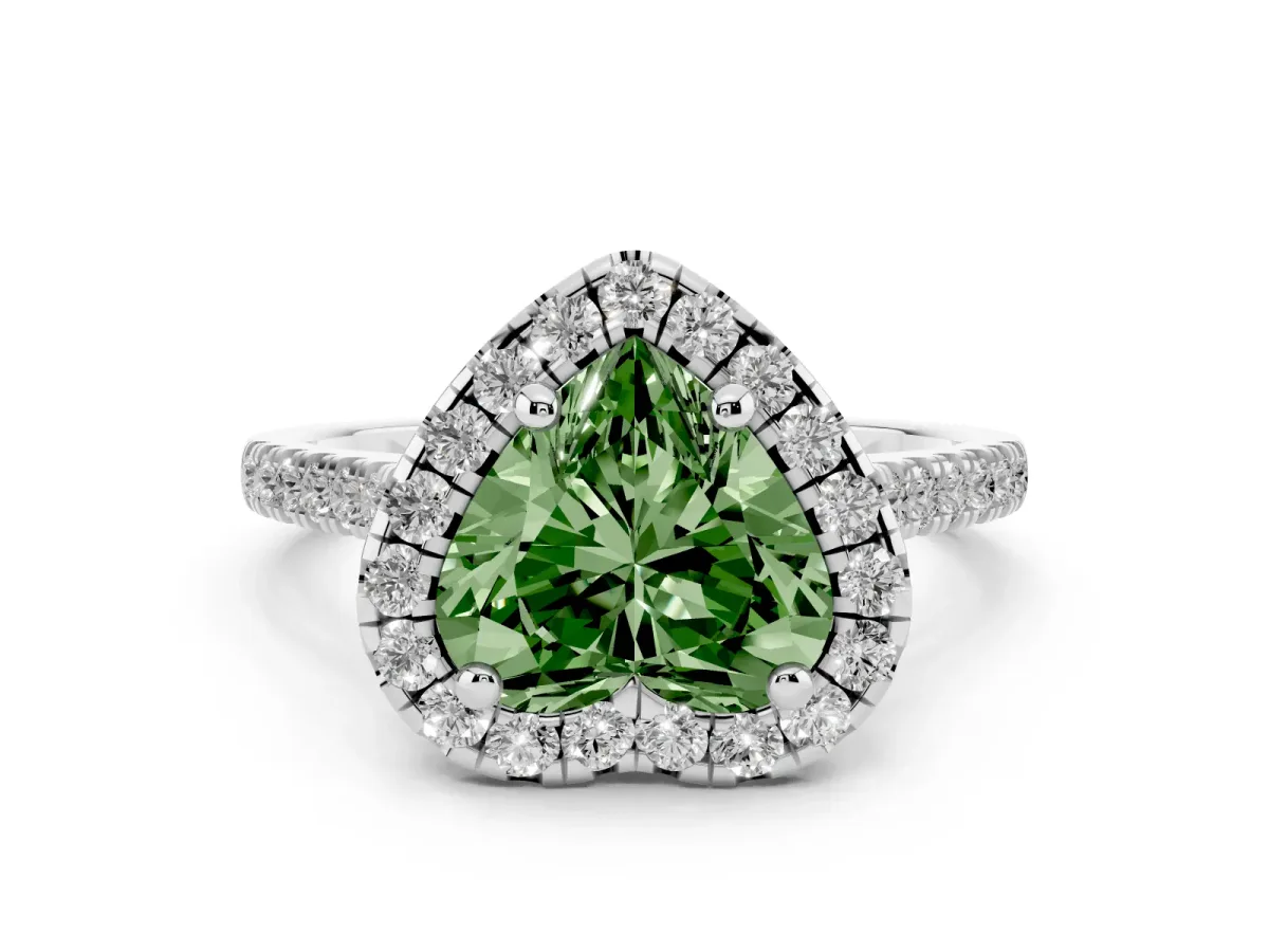Fancy Green Heart Cut Diamond Cushion Halo Ring with Pavé Band Platinum