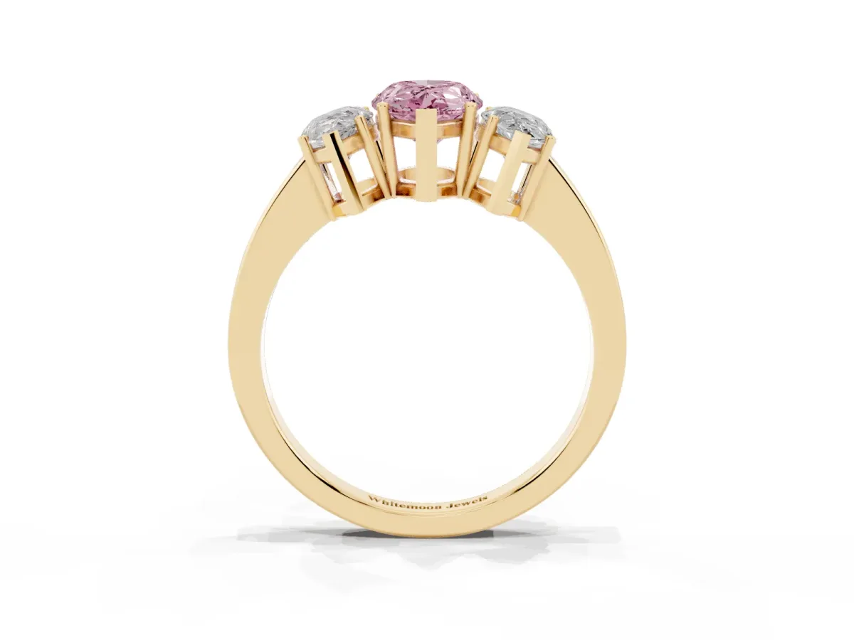 Fancy Pink Three-Stone Pear Cut Cut Diamond Engagement Ring with Flat Band and Four-Prong Setting Yellow gold