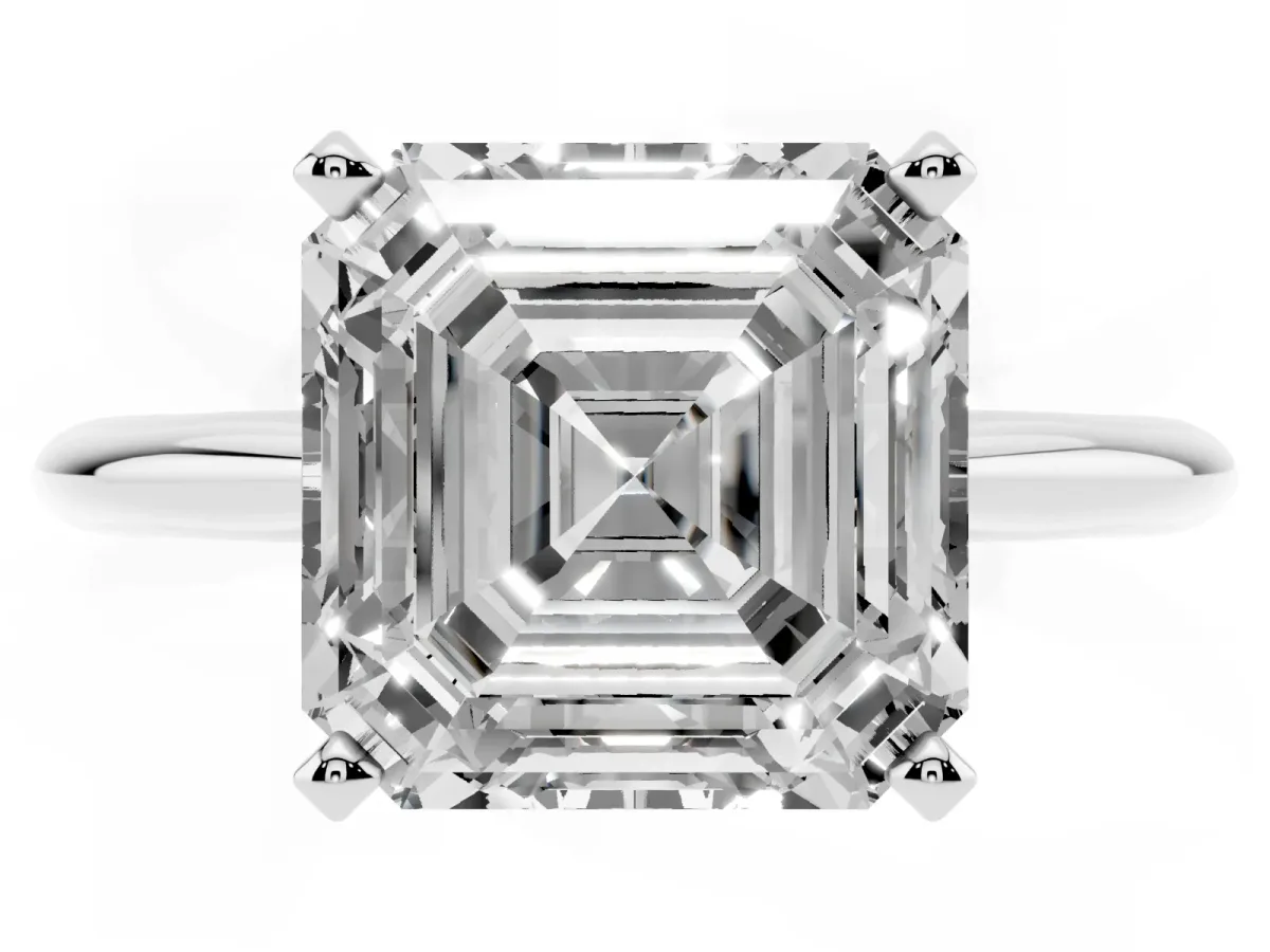 Asscher Cut Cut Solitaire Ring with Four-Prong Setting on a Classic Band Silver
