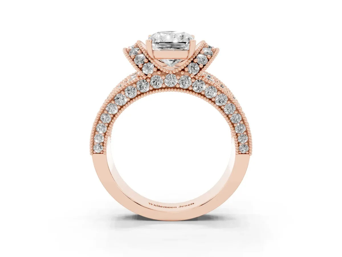 Radiant Cut Halo Pave Diamond Engagement Ring with Milgrain Detailing Rose gold