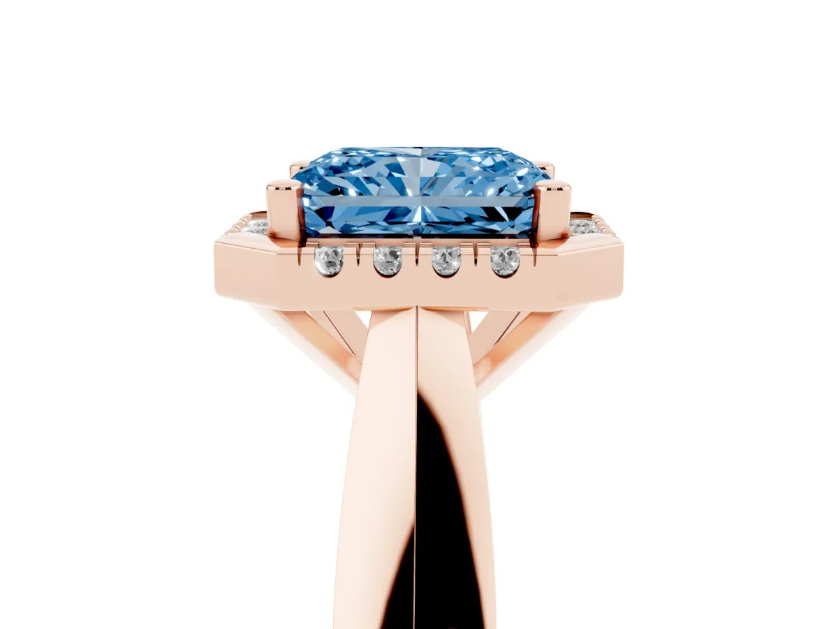 Fancy Blue Radiant Cut Cut Halo Solitaire Engagement Ring with Square Band and Four-Prong Setting Rose gold