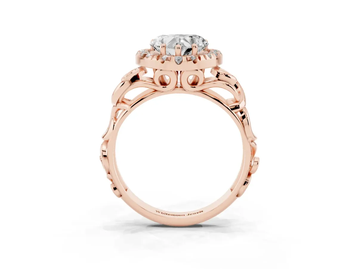 Heart Cut Cut Halo Diamond Ring with Scrollwork Band and Four-Prong Setting Rose gold