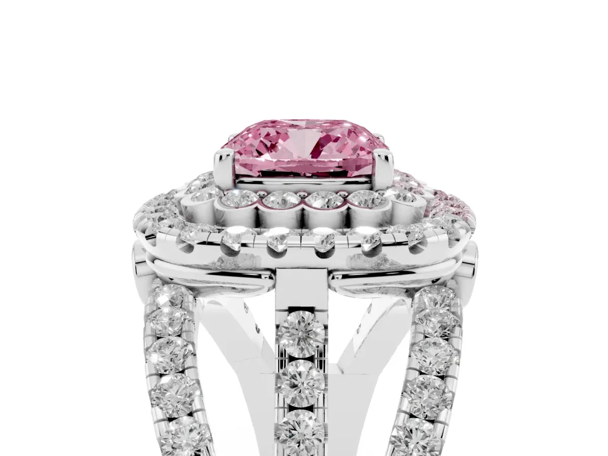 Fancy Pink Cushion Cut Diamond Double Halo Ring with Round Pavé Split Shank and Prong Setting Silver