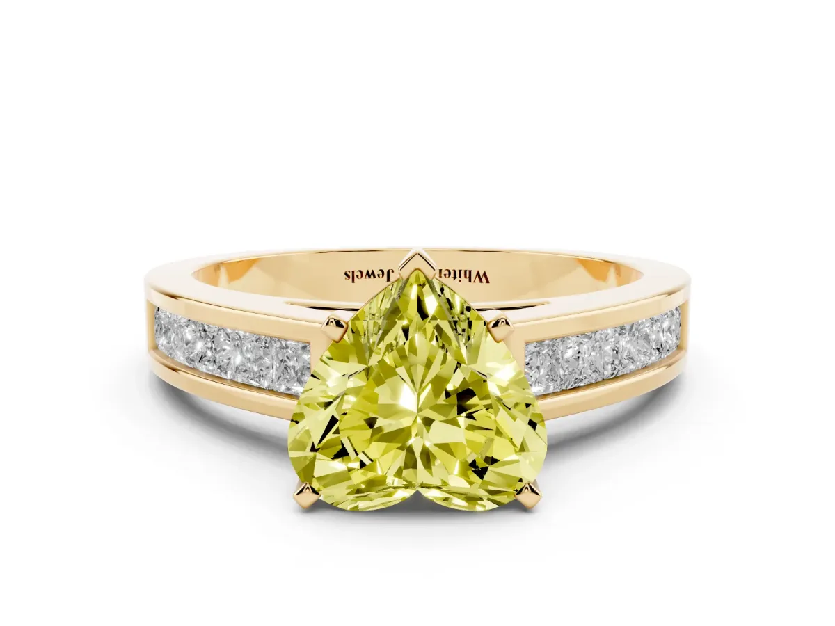 Fancy Yellow Heart Cut Solitaire Diamond Ring with Channel-Set Band and Four-Prong Setting Yellow gold