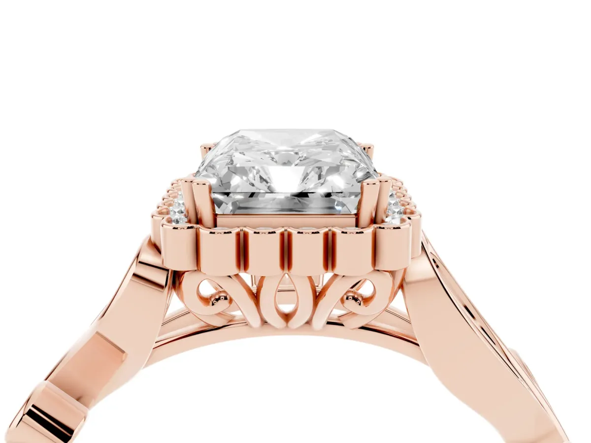 Radiant Cut Diamond Halo Ring with Vintage Split Shank and Four-Prong Setting Rose gold