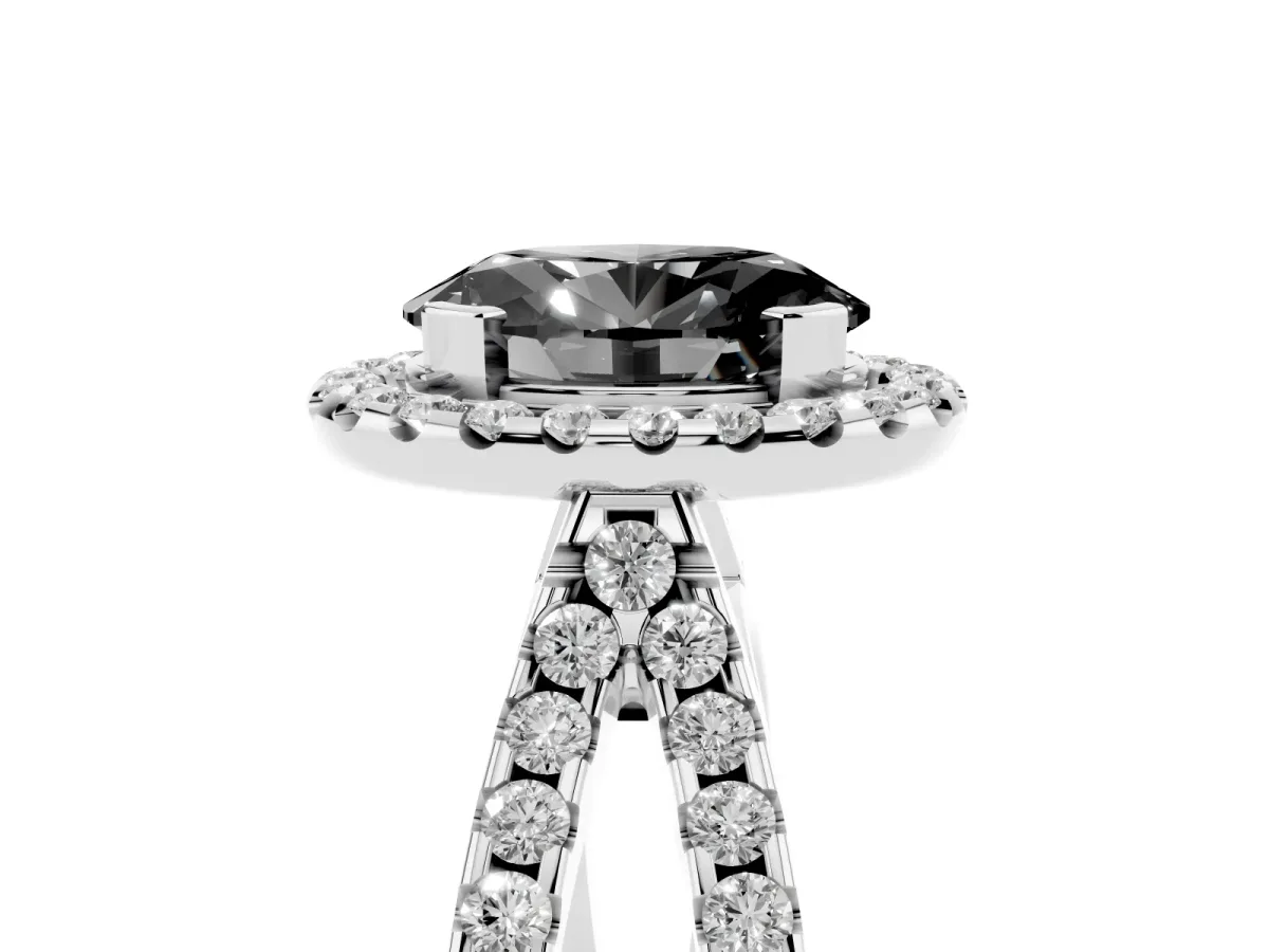 Fancy Black Oval Cut Diamond Halo Ring with Split Shank Pavé Band and Prong Setting Silver