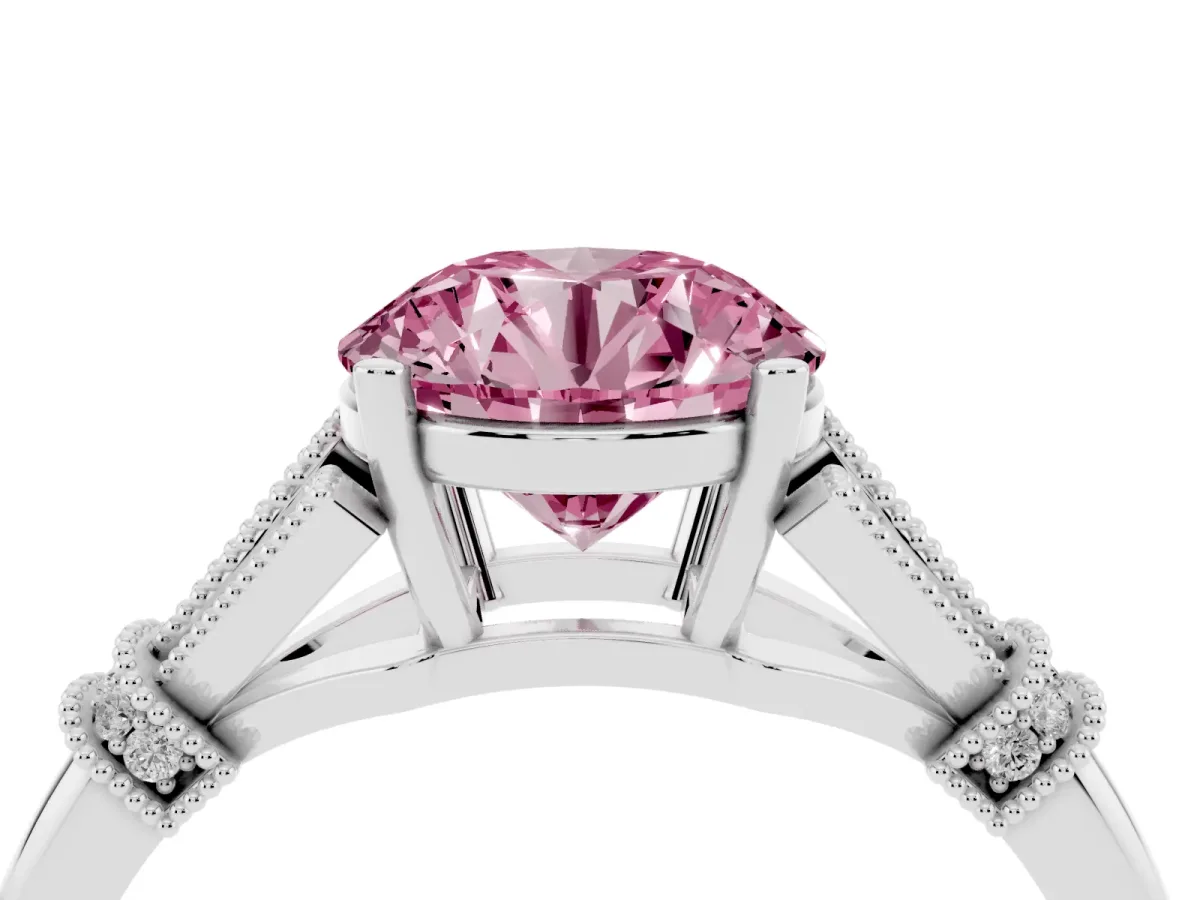 Fancy Pink Round Cut Diamond Solitaire Ring with Floral Filigree and Pave Accents White gold