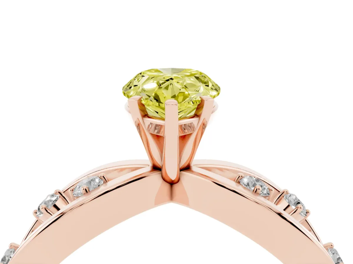 Fancy Yellow Pear Cut Cut Solitaire Diamond with Side Stones on Criss-Cross Band and Four-Prong Setting Rose gold