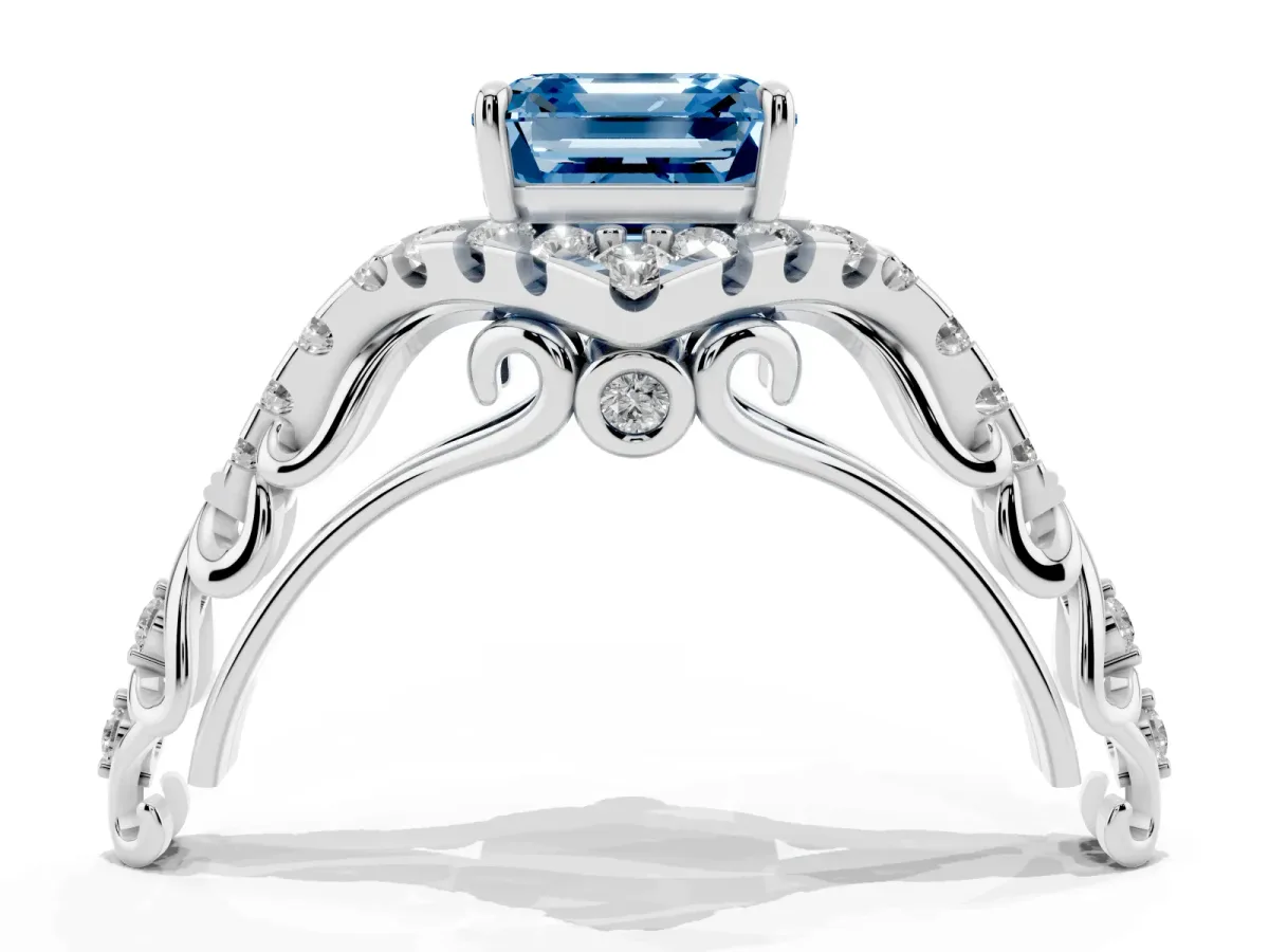 Fancy Blue Asscher Cut Diamond Solitaire Ring with Hidden Halo and Pavé Band Platinum