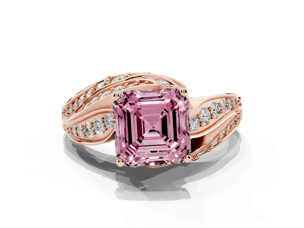 Fancy Pink Asscher Cut Diamond Solitaire Ring with Prong Setting and Twisted Pavé Band Rose gold